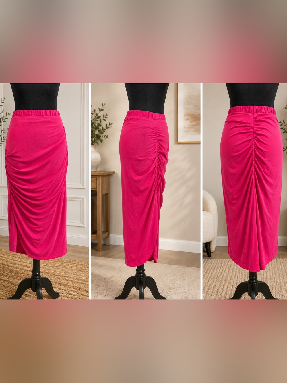 Express Hot Pink Ruched Midi Skirt